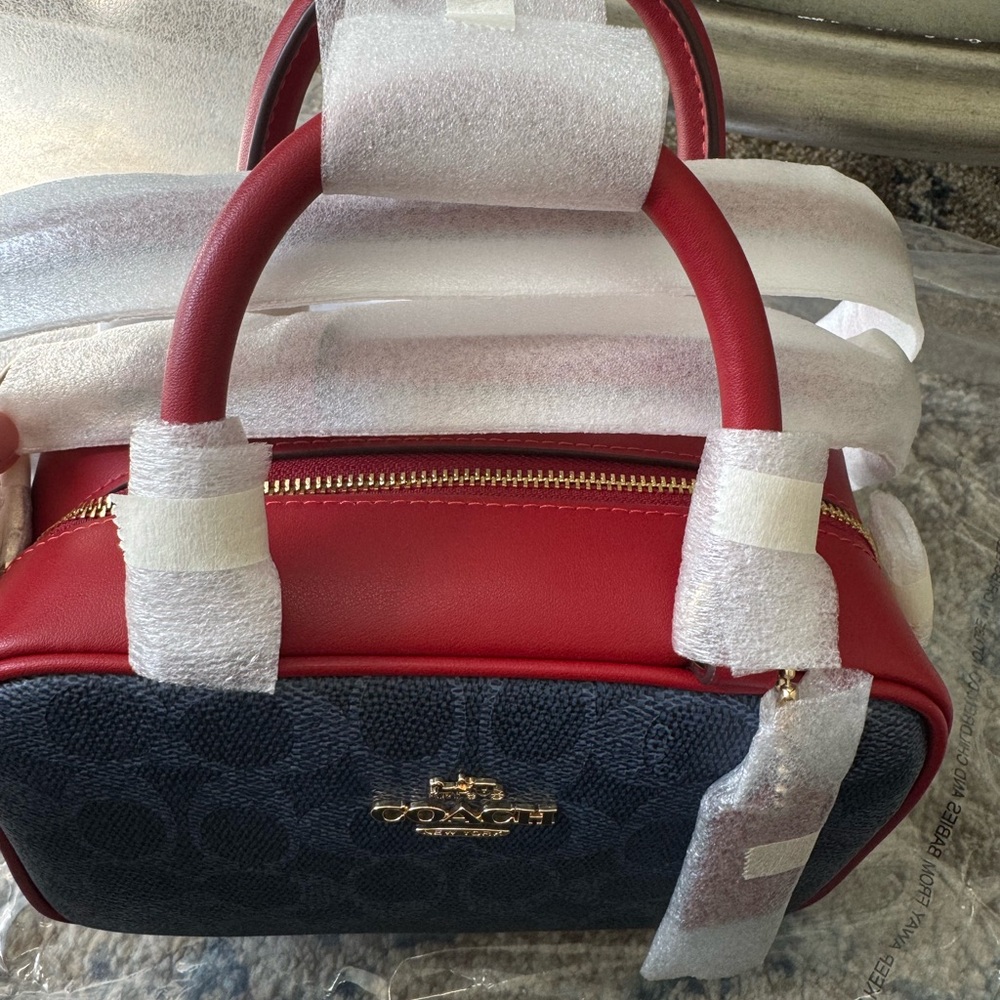 Satchel Crossbody Bag In Signature Canvas Denim/Bold Red CW197 - Picture 12 of 16